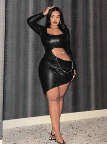 Slaydiva Plus Cut Out Chain Detail Asymmetrical Hem PU Leather Bodycon Dress - Black - View 5