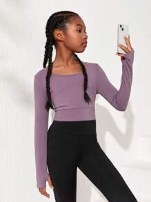 SHEIN 女大童後鏤空拇指孔短款運動T恤 - 淺灰紫 - 查看 2