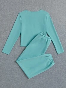 SHEIN Tween Girl Letter Graphic Tee & Sweatpants - Mint Green - View 2