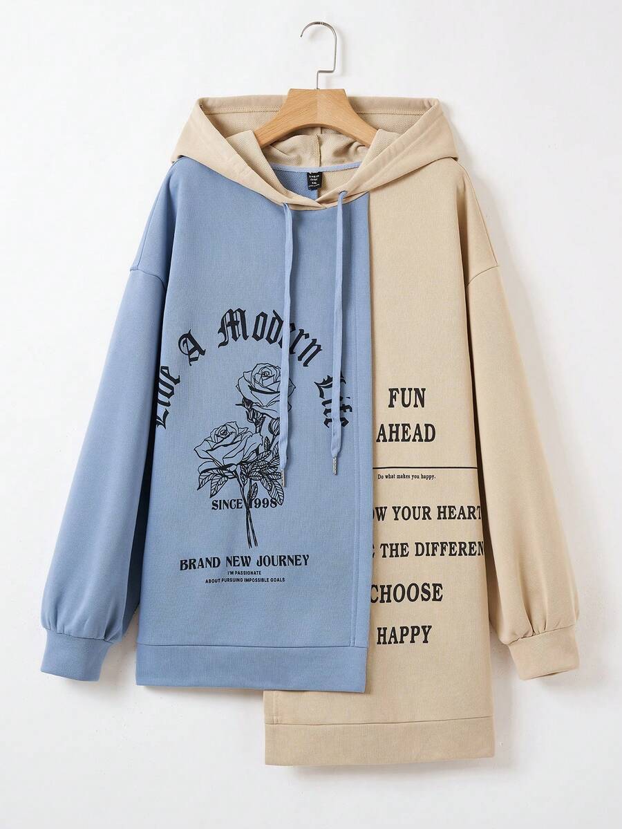 Mulvari 加大码字母花卉印花落肩抽绳卫衣 - 彩色 - 查看 1