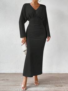 Chiquease Đầm Maxi Ôm Body Xếp Ly Trơn Trang Phục Nữ - màu đen - Xem 5