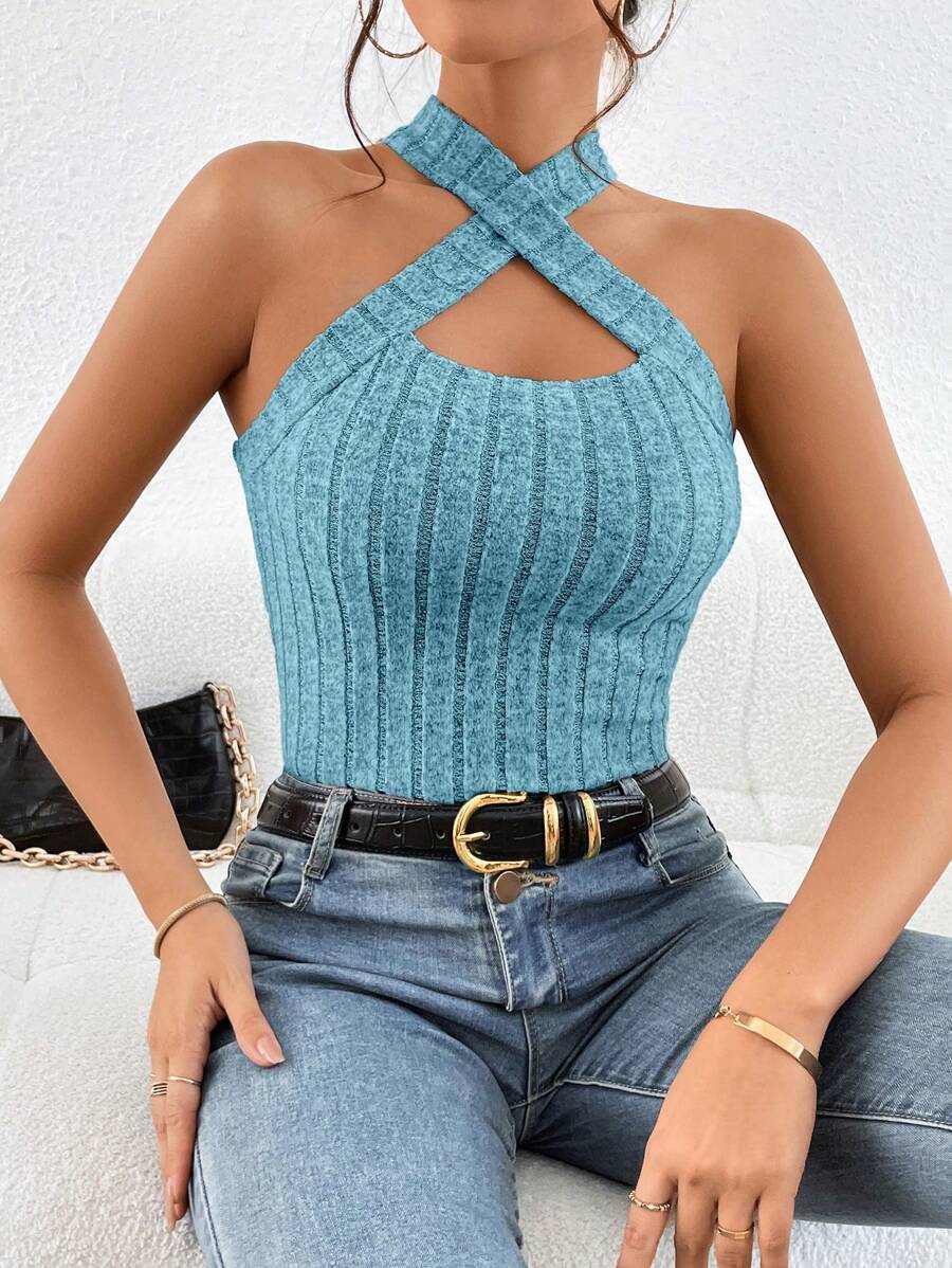 SHEIN Essnce 十字交叉繞頸條紋針織掛脖上衣 - 薄荷藍 - 查看 1