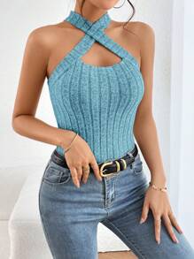 SHEIN Essnce 十字交叉繞頸條紋針織掛脖上衣 - 薄荷藍 - 查看 4