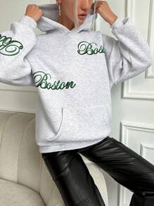 EURMUSE Letter Embroidery Drop Shoulder Hoodie