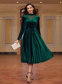 SHEIN Clasi Của phụ nữ Lưới Sợi & Trân châu & Viền xếp & Váy có thắt lưng - màu xanh lá - Xem 6