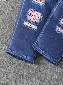 SHEIN Elladie kids Tween Girl Figure Graphic Tee & Denim-Effect Print Belted Pants - Pink - View 6