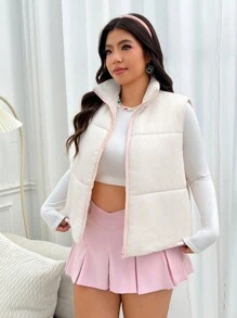 SHEIN EZwear 大碼拉鏈開襟羽絨背心大衣 - 粉色 - 查看 5