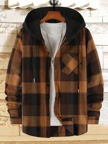 Manfinity Homme Men's Plaid Hooded Long Sleeve Shirt, For Fall