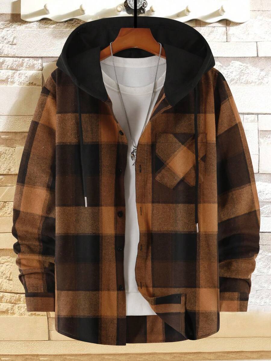 Manfinity Homme Men's Plaid Hooded Long Sleeve Shirt, For Fall