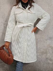 SHEIN LUNE 女士翻盖口袋纽扣系带冬季羽绒服 - 米色 - 查看 4