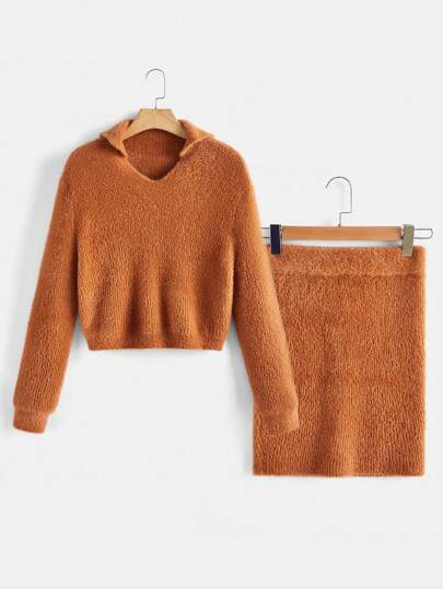 SHEIN BASICS Solid Fluffy Knit Crop Sweater & Knit Skirt