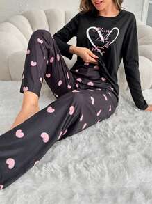 Conjunto De Pijama Con Estampado De Corazón Y Eslogan - Negro - Ver 6