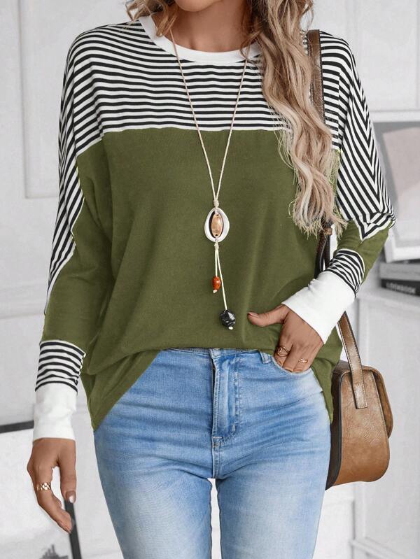 EMERY ROSE Striped Print Batwing Sleeve Tee