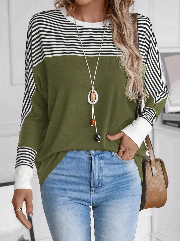 Striped Print Batwing Sleeve Tee
