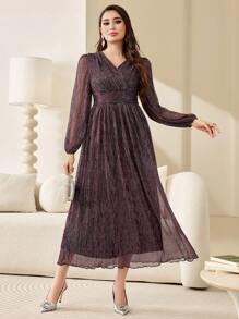 Modelyn Tay áo lồng đèn Eo Ruched Váy sequin - Màu đỏ tím - Xem 1