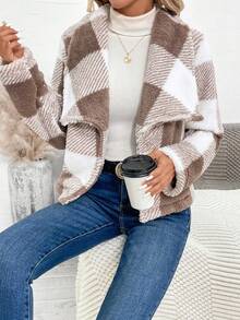 EMERY ROSE In kẻ sọc Rộng Cổ áo tây Áo khoác Đối với phụ nữ - Màu Khaki - Xem 5