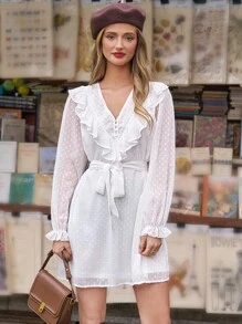 SHEIN Frenchy Của phụ nữ Màu thuần Ruffled Chấm Swiss Váy có thắt lưng - trắng - Xem 7