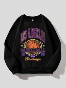 SHEIN EZwear Men's Plus Size Sports Basketball Letter Print Round Neck Casual Sweatshirt - Black - View 1