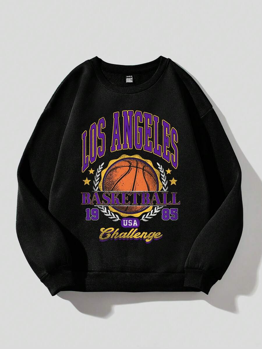 SHEIN EZwear Men's Plus Size Sports Basketball Letter Print Round Neck Casual Sweatshirt - Black - View 1