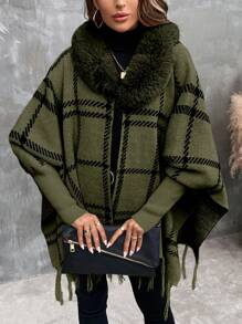 SHEIN Clasi 格紋邊角釦領休閒針織外套 - 軍綠色 - 查看 4