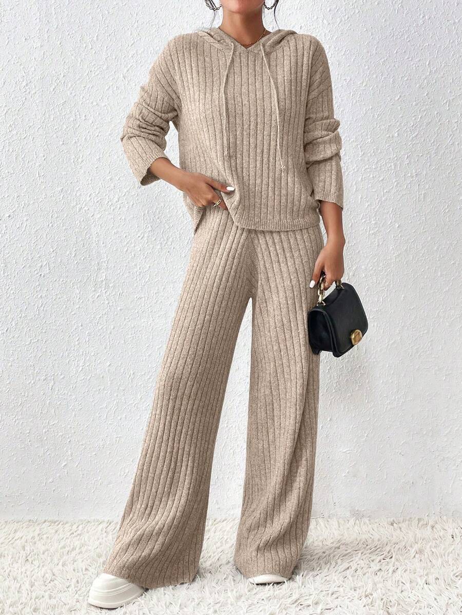 SHEIN Essnce 女裝休閒抽繩連帽毛衣及褲子套裝,落肩設計 - 杏色 - 查看 1