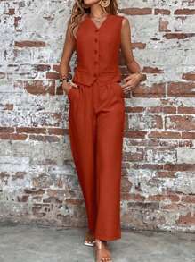 SHEIN LUNE Women Suit Sets Kantong Tombol Depan Plain Casual - Mocha Brown - View 5