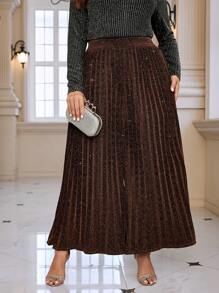 SHEIN Clasi Kích thước lớn Kim loại Mịn màng Xếp li Rộng chân Quần - màu nâu - Xem 4