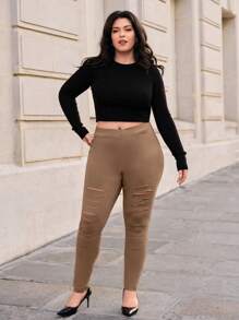 SHEIN Privé Plus Solid High Waist Cut Out Detail Leggings - Khaki - View 4
