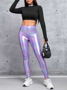 SHEIN PETITE 多色彈性褲衣布長款高腰打底褲 - 紫色 - 查看 4