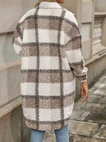 Ellegaria. Plaid Print Drop Shoulder Teddy Coat Fall Winter Cloth For Women - Coffee Brown - View 2