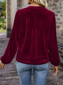 SHEIN Clasi 鋸齒領口圓球袖t恤 - 酒紅色 - 查看 2