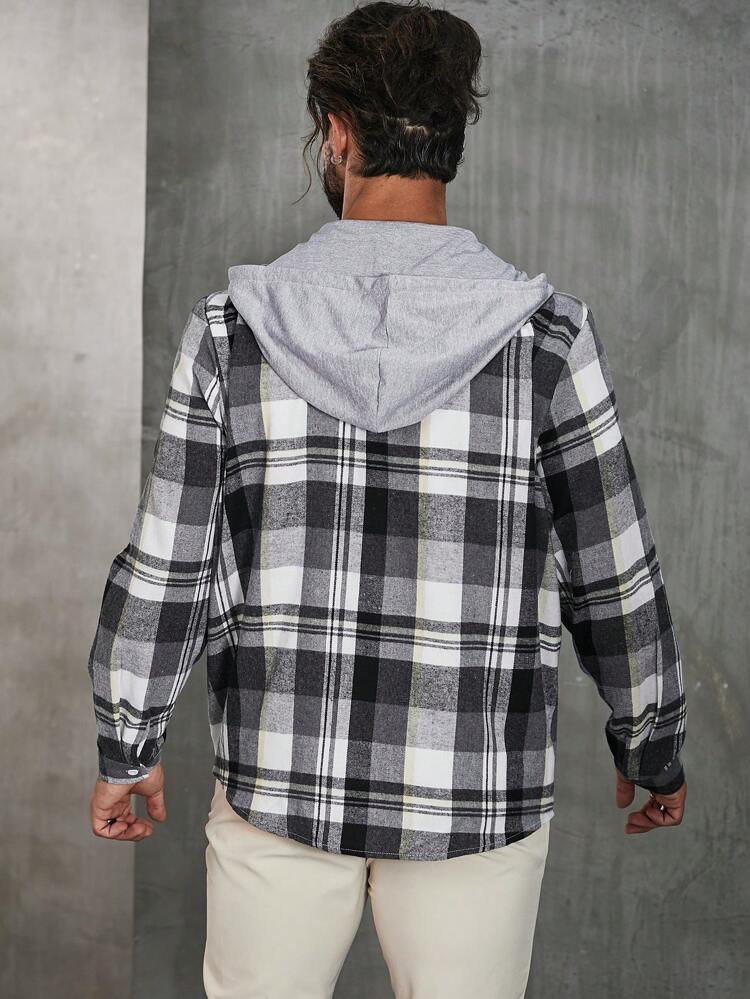 Men Plus Plaid Print Drawstring Hooded Shacket