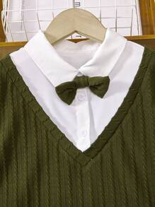 SHEIN Tween Boy Contrast Collar Bow Front 2 In 1 Tee & Pants - Green - View 4