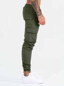 Manfinity Homme Loose Fit Men's Letter Detail Patched Cargo Pants With Flap Pockets, For Fall - Army Green - View 4