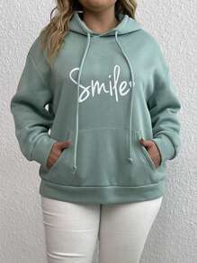 SHEIN LUNE Plus Size Letter Graphic Kangaroo Pocket Drop Shoulder Drawstring Sweatshirt Thermal - Green - View 5