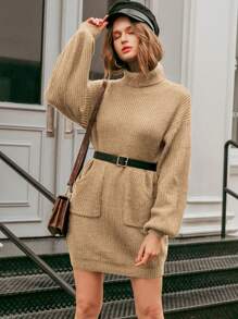 Simplee Solid Color High Neck Sweater Dress With Pocket Design - Khaki - View 1