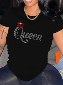 INAWLY Áo thun họa tiết chữ Rhinestone dành cho nữ - màu đen - Xem 1