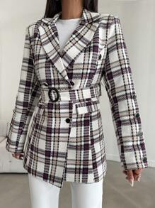 EURMUSE Plaid Print Double-breasted Flip Detail Suit Set - Violet Purple - View 5