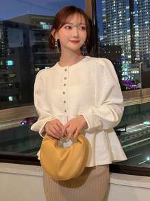 FRIFUL Women's Puff Sleeve Ruffle Hem Jacket - Beige - View 8