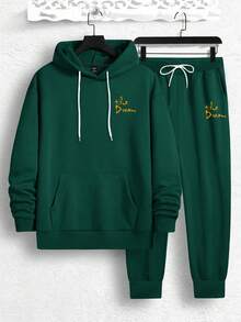 Manfinity EMRG Men's Sculpture Slogan Print Drawstring Hoodie And Sweatpants Two Piece Set - Dark Green - View 2