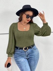SHEIN Essnce Talla grande Camiseta de cuello cuadrado de manga farol - Verde militar - Ver 4