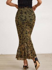 SHEIN Privé Hoa In Đuôi cá Hem Nhìn xuyên qua Váy - Màu xanh Ô liu - Xem 2