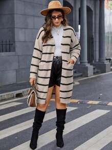 Calvaya 加大碼條紋下垂肩開襟針織外套,雙口袋開放式前襟