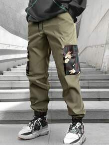 Manfinity EMRG 男士迷彩印花側翻袋口帶拉繩褲頭的貨款褲子 - 軍綠色 - 查看 1