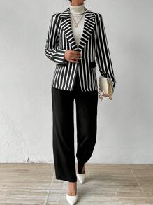 SHEIN Frenchy Striped Print Single Button Blazer - Black - View 5