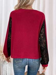SHEIN LUNE Color Block Sequin Patchwork T-shirt - Burgundy - View 2