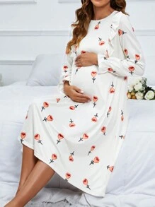 SHEIN 孕婦印花荷葉邊荷葉袖睡裙