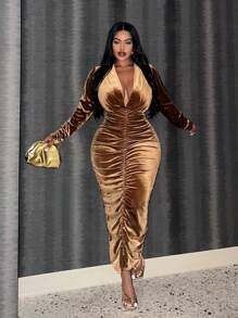 Slaydiva Vestido ajustado fruncido de escote pronunciado talla grande, para invierno - Caqui - Ver 4