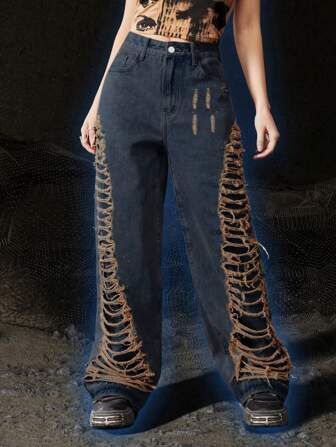 Grunge Punk Jeans Strappati Da Donna