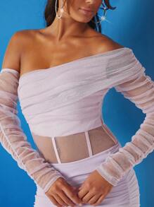 SHEIN BAE Women's One Shoulder Ruffle Mesh Bodysuit